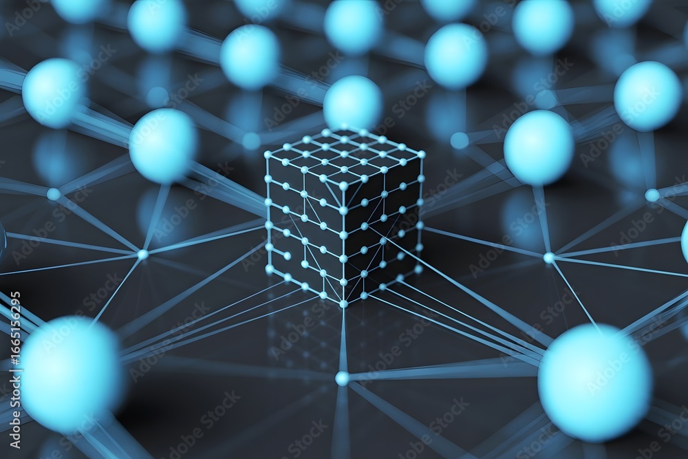 Poster networked cube with spheres and connecting lines representing data connectivity blockchain technolog