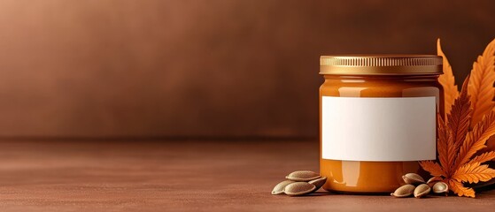 Vibrant photo of pumpkin hemp seed butter jar mockup. Vivid image gourd cannabis kernel spread container display simulated product packaging concept nourishment theme brilliant