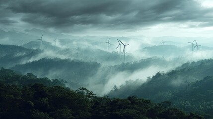 Misty mountain range with wind turbines (2)