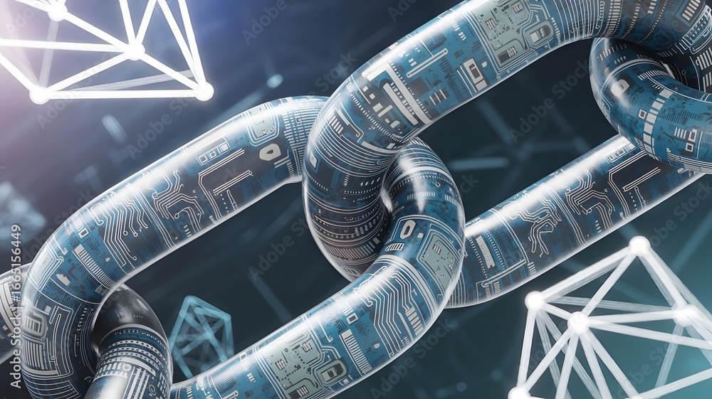 Poster digital blockchain concept with interlocking links circuit board texture and network connections for