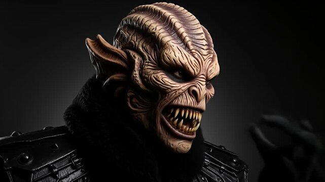 A grotesque, pale-skinned creature with pointed ears and sharp teeth in dark armor