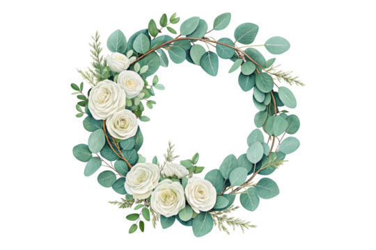 Floral wreath with roses and eucalyptus isolated on transparent background, decoration