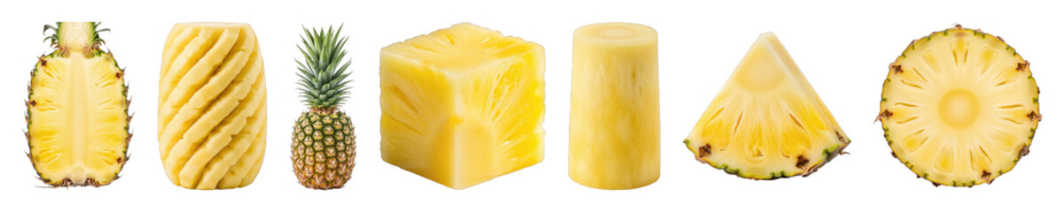 Pineapple set including whole, peeled, cubed, cored, halved, wedge, and round slice variations...