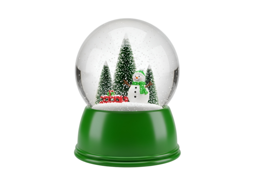 A charming, festive snow globe showcases a snowman, Christmas trees, and a miniature red sleigh on a snowy landscape.