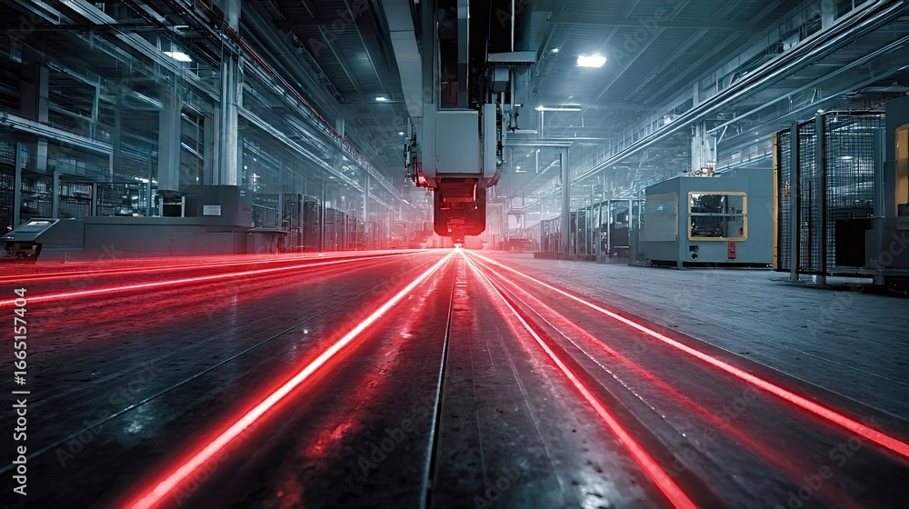 Poster red laser beams guiding automated machinery in a modern factory illuminate precise manufacturing pro