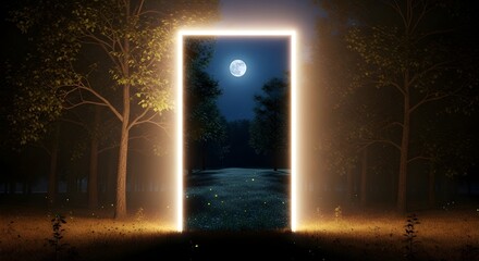 A glowing magical portal illuminates a dark forest at night, offering a gateway to an enchanting moonlit world filled with mystery and wonder.