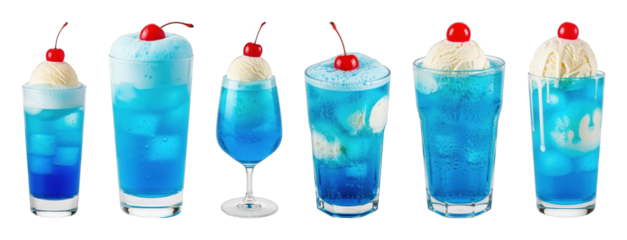 Blue soda float set including various glass types with ice cream scoops and cherries isolated. Sweet and refreshing beverage collection.