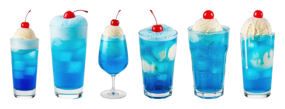Blue soda float set including various glass types with ice cream scoops and cherries isolated. Sweet and refreshing beverage collection.