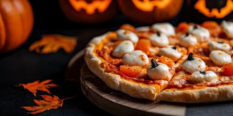 A Halloween themed blank card held in front of a dark festive background featuring ghosts and pumpkins. Festive greeting stationery spooky season backdrop. send a personalized note