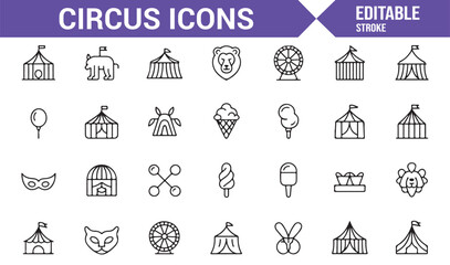 Collection of circus-themed icons featuring tents, animals, and performers