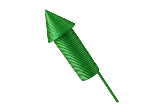 A vibrant green firework rocket, sharply angled against a black background, displays a detailed textured design.