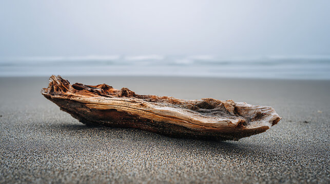 Driftwood resting on a sandy beach with soft waves in the background during a foggy morning