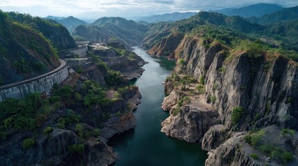 Mountainous river valley with dam