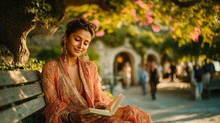 Young woman sitting on a park bench reading a book, bathed in sunlight filtering through tree leaves