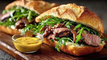 Freshly prepared baguette sandwiches bursting with grilled meats, vibrant arugula, and zesty mustard sauce offer a delightful culinary experience perfect for any meal or snack