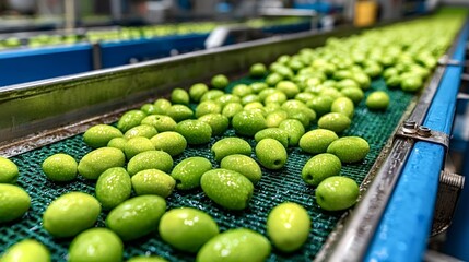 Freshly picked green olives are being processed and transported on a conveyor belt in a modern food processing plant, ensuring quality and efficiency in the olive oil or table olive production