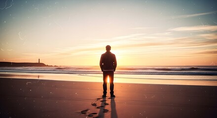 Solitary man stands on a serene beach at sunset, gazing at the ocean waves with footprints in the sand.