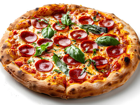 High resolution high clarity image of Delicious pepperoni pizza with basil leaves for restaurant menu design isolated on transparent background, studio product photo on a clean white background, isola - Powered by Adobe