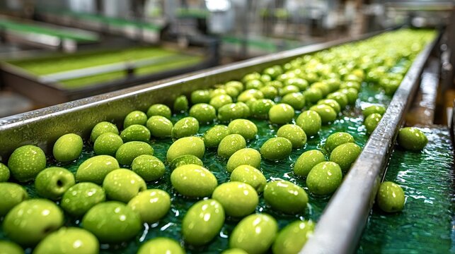 Freshly picked green olives are being washed and transported on a conveyor belt inside a modern food processing plant, ensuring hygiene and quality in olive oil production
