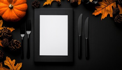 Autumnal table setting with blank menu. Seasonal dining arrangement features an empty card perfect for thanksgiving feast fall gathering or rustic wedding reception customize your