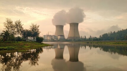 Power plant by a tranquil lake at dawn