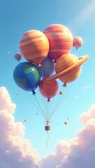 Obraz premium A bunch of helium balloons shaped like planets from the solar system floating in the sky, symbolizing dreams and cosmic adventure.