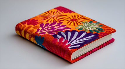 Colorful notebook with floral design resting on white background
