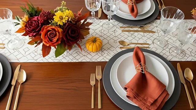Autumnal table setting with roses, pumpkins, gold flatware, and geometric table runner