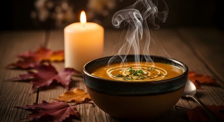 Cozy Autumn Evening: Steaming Bowl of Soup Beside a Lit Candle and Fall Leaves