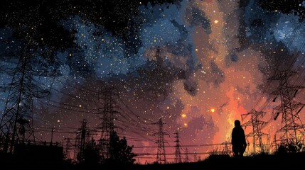 Silhouetted figure gazes at a vibrant night sky