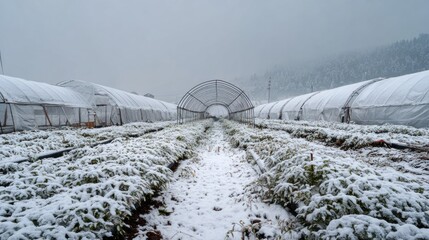 Snowy greenhouse rows