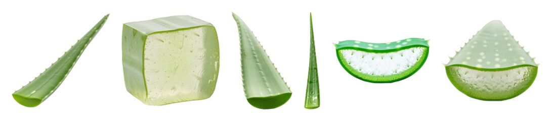 Aloe vera set including whole leaves, cut segments, gel blocks, and cross-sections isolated....