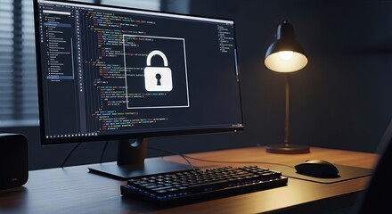 Computer screen with cybersecurity code and lock icon. Ai generation