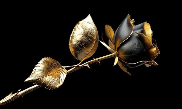 Golden leaves sprout from the stem; a black rose with gold edges blooms