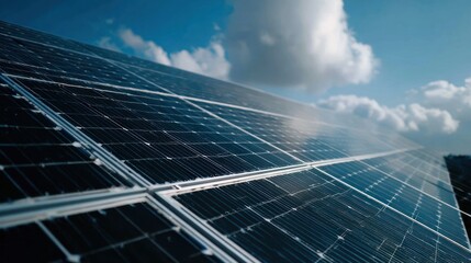 Solar panels under a partly cloudy sky