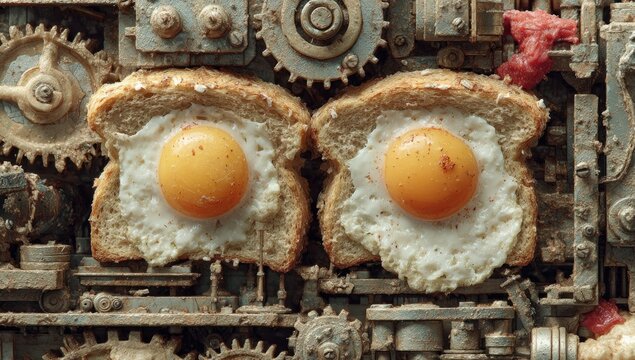 Fried eggs on toast amidst a complex, dirty mechanical system