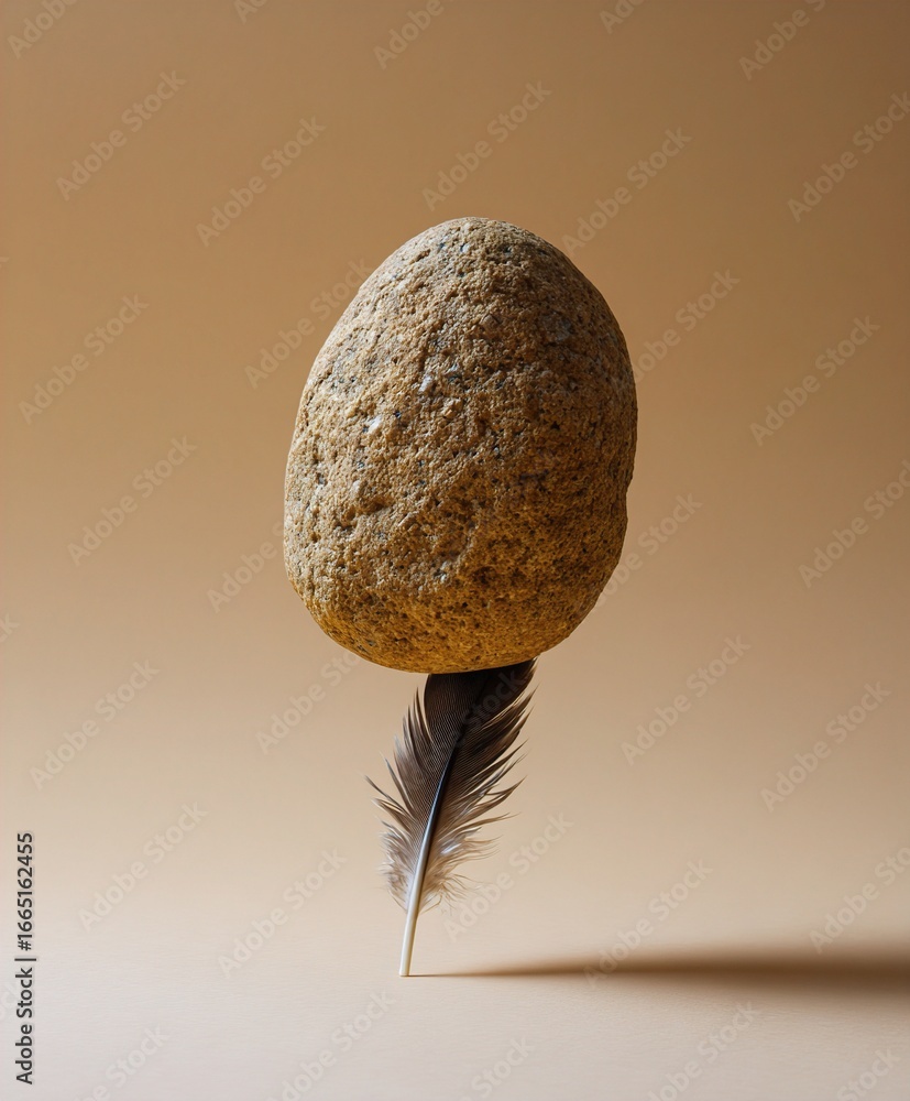Aufkleber a unique composition featuring a stone balanced on a feather against a beige background, creating a 