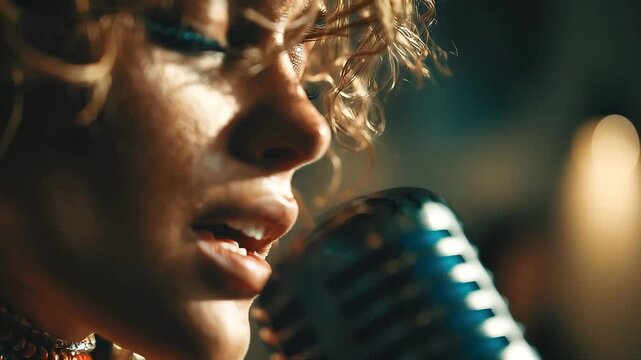Passionate female singer performing on stage under spotlights, holding a microphone and expressing deep emotion through music