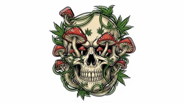 Skull with Mushrooms and Cannabis Vines - A detailed illustration of a skull adorned with vibrant red mushrooms and green cannabis leaves, intricately intertwined.