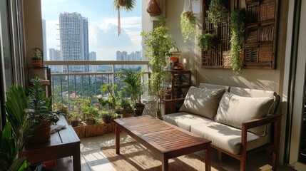 Sunny balcony with plants and seating