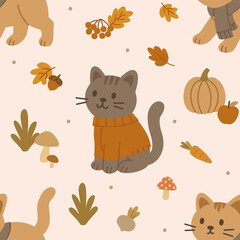 Obraz premium Autumn seamless pattern design. Print with cats for fabrics and clothes