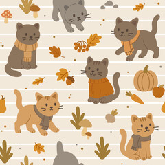 Autumn seamless pattern design. Print with cats for fabrics and clothes