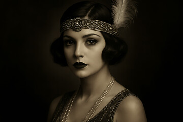 1920s flapper woman portrait with bob haircut and feather headband
