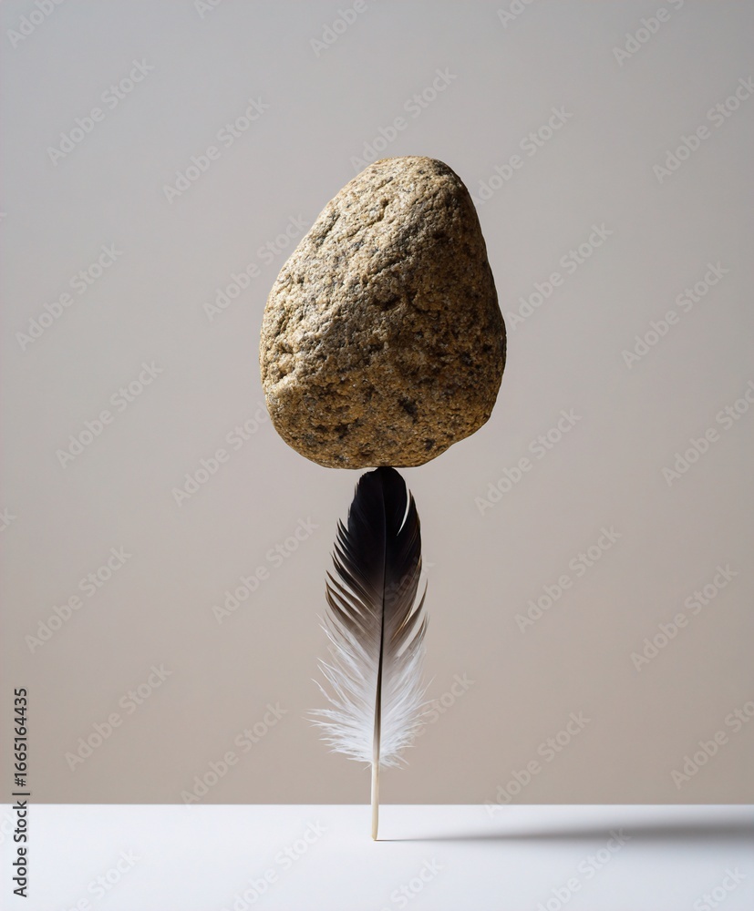 Poster a natural stone balancing delicately on a feather, creating a striking contrast of textures and elem