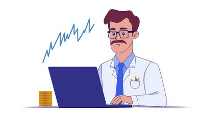 Professional man in lab coat works on laptop, analyzing data with graph and coins nearby, conveying sense of financial growth