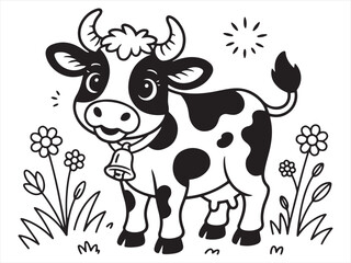 Cute Cartoon Cow in the Meadow with Flower, Playful Farm Animal