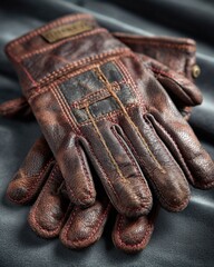Close up of a pair of worn brown leather work gloves with detailed stitching and a vintage rugged style