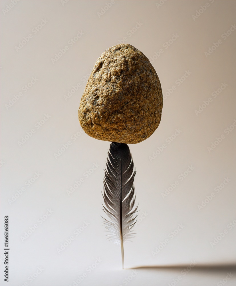 Poster a unique still life featuring a textured stone balanced on a delicate feather, creating an intriguin