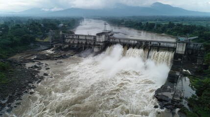 Aerial view of a dam overflowing
