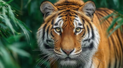Closeup portrait of a majestic tiger with intense eyes, surrounded by lush green jungle foliage, showcasing its powerful striped fur and fierce expression